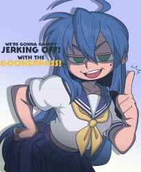  1girl absurdres ahoge artist_name bent_over blue_skirt breasts commentary english_commentary english_text hand_on_own_hip highres index_finger_raised izumi_konata long_hair lucky_star midriff mole mole_under_eye navel open_mouth ryouou_school_uniform sayasushiswag school_uniform serafuku shaded_face skirt small_breasts smile solo v-shaped_eyebrows watermark 