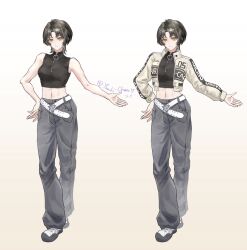  1girl bare_shoulders belt black_hair breasts chinese_commentary closed_mouth commentary_request cropped_jacket eleanor_si full_body gradient_background grey_pants hand_on_own_hip heart highres inaterayukiha jacket layered_clothes long_sleeves looking_at_viewer love_curse:_find_your_soulmate midriff multiple_views navel open_clothes open_hand open_jacket pants shoes short_hair sleeveless smile standing toned toned_female twitter_username white_belt yellow_eyes zipper_pull_tab 