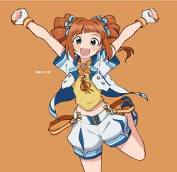  1girl :d \o/ aqua_eyes arms_up commentary_request dated fingerless_gloves gloves highres idolmaster idolmaster_(classic) idolmaster_million_live! idolmaster_million_live!_theater_days jacket leg_up looking_at_viewer official_alternate_costume open_mouth orange_background orange_hair outstretched_arms shirt shorts simple_background smile solo standing standing_on_one_leg takatsuki_yayoi tarako_oniyon twintails white_gloves white_jacket white_shorts yellow_shirt 