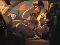  2boys black_jacket car_interior chris_redfield cigarette clouds cloudy_sky elbow_rest eyewear_on_head from_side hand_on_own_face highres holding holding_cigarette imagine_(imagine7243618) jacket left-hand_drive light_rays looking_at_viewer male_focus mountainous_horizon multiple_boys piers_nivans power_lines resident_evil resident_evil_6 shirt side-view_mirror sky sleeves_rolled_up smile steering_wheel sunglasses utility_pole watch watch white_shirt 