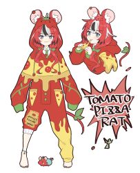  1girl alternate_costume animal_ear_fluff animal_ears animal_on_head barefoot black_hair blush bow closed_mouth clothes_writing commentary_request eating english_text food food-themed_clothes food_in_mouth full_body green_bow green_ribbon hair_bow hakos_baelz highres holding holding_food holding_pizza hololive hololive_english hood hood_up long_sleeves mouse_(animal) mouse_ears mouse_girl mouse_tail mr._squeaks_(hakos_baelz) multicolored_hair multicolored_nails multiple_views nail_polish on_head onesie pizza pizza_slice ramphastostella red_hair ribbon simple_background sleeves_past_fingers sleeves_past_wrists smile standing straight-on tail tail_ornament tail_ribbon toenails toes twintails virtual_youtuber white_background white_hair 