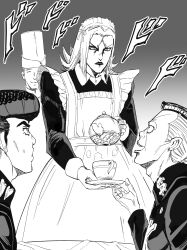  4boys absurdres apron chef_hat closed_eyes commentary_request crossdressing crossdressing_(mtf) cup diamond_wa_kudakenai dollar_sign dress gakuran greyscale hat higashikata_josuke highres holding holding_saucer holding_teapot jojo_no_kimyou_na_bouken leone_abbacchio lipstick maid maid_apron maid_headdress makeup male_focus male_maid meme monochrome multiple_boys mushi_gyouza nijimura_okuyasu piss_tea_(meme) pompadour saucer school_uniform smile sweatdrop teacup teapot tonio_trussardi undercut vento_aureo 