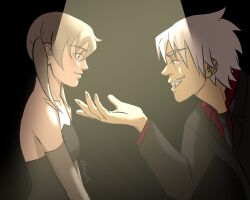  1boy 1girl bare_shoulders black_dress black_necktie black_suit blonde_hair breasts brown_eyes commentary dress english_commentary green_eyes grin maka_albarn metsugarmei necktie open_hand red_shirt sharp_teeth shirt signature small_breasts smile soul_eater soul_evans spotlight strapless strapless_dress suit teeth twintails white_hair 