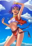  arms_up bandeau bob_cut bracelet cloud clouds dark_skin earrings from_below fushigi_no_umi_no_nadia green_eyes highres jewelry loincloth midriff nadia navel neck_ring necklace open_mouth purple_hair short_hair sky smile solo tubetop vest wind yu-yu_(quelsunwell) 