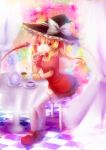  :p :q alternate_costume alternate_headwear bad_id blonde_hair blush bow chair checkered checkered_floor crossed_legs cup curtains dress fang flandre_scarlet food hat hat_bow highres legs_crossed mary_janes mouth_hold open_mouth plate pudding red_eyes shoes short_hair side_ponytail sitting smile solo spoon star table tea teacup teapot thigh-highs thighhighs tongue touhou white_legwear wings witch_hat wrist_cuffs wristband zinczinc_ka 