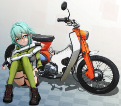  1girl adapted_costume ankle_boots aqua_eyes aqua_hair black_boots black_gloves black_leotard black_shorts black_trim boots breasts closed_mouth commentary_request cropped_jacket crossed_arms detached_pants double-parted_bangs fingerless_gloves full_body gloves gradient_background green_jacket hair_between_eyes hair_ornament hairclip head_tilt highres honda honda_super_cub jacket knees_up leotard looking_at_viewer medium_breasts medium_hair messy_hair motor_vehicle motorcycle multicolored_leotard on_floor open_clothes open_jacket pink_lips real_life rrrr_(user_krky7724) shadow short_shorts shorts sidelocks sinon sitting skindentation smile solo sword_art_online thick_thighs thigh_strap thighs two-tone_leotard white_jacket white_leotard 