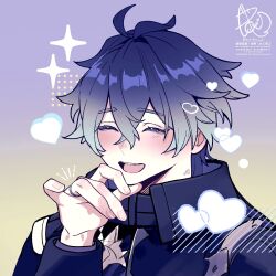  1boy antenna_hair aoi_s_all black_capelet blue_hair blush capelet commentary_request fingernails flins_(genshin_impact) genshin_impact gradient_hair happy heart highres jewelry long_sleeves male_focus multicolored_hair parted_lips purple_shirt ring shirt signature solo teeth upper_body upper_teeth_only 