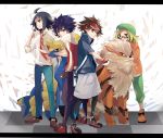  arcanine bag bel_(pokemon) beret black_hair blonde_hair brown_hair chacha_(artist) cheren_(pokemon) glasses gloves hat hat_ribbon holding holding_poke_ball hue_(pokemon) jacket kyouhei_(pokemon) leggings looking_at_viewer male_protagonist_(pokemon_bw2) necktie poke_ball pokemon pokemon_(game) pokemon_bw2 pokemon_trainer ribbon rival_(pokemon_bw2) samurott shoes shoulder_bag smile sneakers tyatya visor_cap 