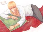  bad_id blonde_hair bracelet casual fate/zero fate_(series) gilgamesh jewelry kamemushi male necklace pillow red_eyes solo 