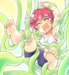 barefoot bike_shorts blush bound closed_eyes copyright_request eyes_closed fang feet foot_tickling oyatsu_(mk2) red_hair redhead short_hair soles spaghetti_strap sweat tentacle tentacles tickle_torture tickling toenails toes 