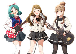  3girls :d ^_^ absurdres bass_guitar black_neckerchief black_pantyhose black_skirt blue_sailor_collar blue_sweater_vest blush bow bowtie brown_eyes brown_hair closed_eyes electric_guitar facing_viewer green_hair grey_skirt guitar hair_bun hair_ribbon highres holding holding_bass_guitar holding_guitar holding_instrument holding_microphone idolmaster idolmaster_million_live! instrument long_hair long_sleeves looking_at_viewer microphone microphone_stand miniskirt miyao_miya multiple_girls neckerchief open_mouth pantyhose pleated_skirt polka_dot polka_dot_ribbon red_bow red_bowtie red_ribbon ribbon sailor_collar sailor_shirt shirt short_hair sidelocks simple_background single_hair_bun skirt smile standing sweater_vest tenkubashi_tomoka thigh-highs tokugawa_matsuri white_background white_shirt white_thighhighs yukipo_p 