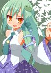  9law blush bow breasts detached_sleeves frog_hair_ornament green_hair hair_bow hair_ornament kochiya_sanae long_hair necktie open_mouth smile snake solo star touhou yellow_eyes 