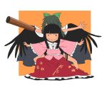  arm_cannon black_hair black_wings bow cape censored convenient_censoring floral_print hair_bow hime_cut houraisan_kaguya long_hair long_skirt multiple_girls nude onikobe_rin outstretched_arms posing reiuji_utsuho shirt skirt smile touhou weapon wings |_| 