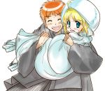  1girl ^_^ ahoge blonde_hair blue_eyes blush carrying closed_eyes emiya_shirou eyes_closed fate/stay_night fate_(series) geta green_eyes hood izumiyamisono japanese_clothes japanese_marriage kimono princess_carry red_hair redhead saber sandals uchikake wedding 