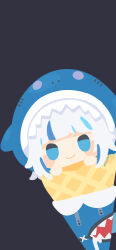  1girl absurdres animal_hood artist_name black_background blue_eyes blue_streaks blunt_bangs character-themed_food commentary_request gawr_gura grey_hair highres holding holding_ice_cream_cone hololive hood ice_cream_cone light_blush long_hair looking_at_viewer multicolored_hair rizu_(rizunm) shark_hood simple_background smile solo streaked_hair virtual_youtuber 