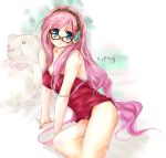  blush breasts cyprus glasses long_hair looking_at_viewer megurine_luka pink_hair red_school_swimsuit school_swimsuit smile solo strap_slip stuffed_animal stuffed_toy swimsuit teddy_bear very_long_hair vocaloid 