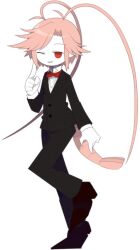  1boy antenna_hair antennae black_pants black_suit bow bowtie cherryblod_(funamusea) collared_shirt full_body funamusea funamusea_(artist) index_finger_raised official_art one_eye_closed oounabara_to_wadanohara pants pink_hair pointy_ears red_bow red_bowtie red_eyes shirt shoes short_hair shrimp_tail simple_background smile solo standing standing_on_one_leg suit tail tuxedo white_background white_shirt 