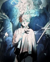  1boy 1girl artoria_pendragon_(fate) blood cover cover_page emiya_shirou fate/stay_night fate_(series) hand_up highres illyasviel_von_einzbern jacket kotomine_kirei long_hair long_sleeves looking_at_viewer matou_sakura multiple_girls non-web_source orange_hair pants priest raglan_sleeves red_hair saber_(fate) shirt short_hair sksk_sn09 smile title tohsaka_rin white_hair 