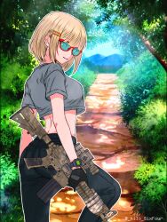  1girl aqua-tinted_eyewear artist_name assault_rifle black_pants blonde_hair cimol95 cropped_shirt dappled_sunlight denim forest grey_shirt gun highres holding holding_weapon jeans looking_at_viewer looking_back nature original pants rifle shirt short_hair smile solo standing sunlight tinted_eyewear tree walking watch watch weapon weapon_request 