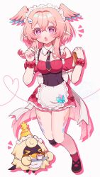  >_< 1girl adapted_costume alternate_costume apron black_necktie black_shoes blush breasts collar commentary_request cup detached_collar detached_sleeves dress enmaided frilled_apron frilled_hairband frills full_body genshin_impact hair_between_eyes hairband hands_up head_wings heart heart-shaped_pupils highres holding holding_tray linnea_(genshin_impact) lumi_(genshin_impact) maid medium_breasts medium_hair necktie notice_lines open_mouth pink_hair pointy_ears red_dress red_eyes red_sleeves red_socks red_wrist_cuffs shoes short_sleeves simple_background socks solo standing standing_on_one_leg symbol-shaped_pupils teacup tray waist_apron white_apron white_background white_collar white_hairband white_ztt wings wrist_cuffs 