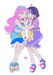  2girls 35kawaiiprpr absurdres ahoge bow commentary_request crop_top frills full_body hair_bow hairband highres invisible_chair laura_la_mer long_hair looking_at_viewer multiple_girls pencil_skirt pink_hair precure puffy_short_sleeves puffy_sleeves purple_hair sandals short_sleeves simple_background sitting skirt sleeveless smile socks suzumura_sango tropical-rouge!_precure white_background 