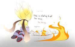  ... 1boy bandages brown_scarf english_text fire furry furry_male gloves hedgehog_boy highres male_focus nugget_pudding quill red_shoes scarf shoes solo sonic_(series) sonic_boom_(series) sonic_the_hedgehog super_sonic town white_gloves yellow_fur 