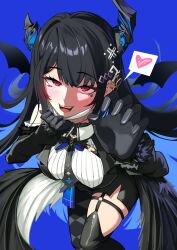  1girl absurdres black_feathers black_gloves black_hair black_horns black_pantyhose black_vest blue_background blush breasts demon_wings detached_wings facial_mark feathers gloves heart heart_facial_mark highres hololive hololive_english horns large_breasts long_hair looking_at_viewer mask mask_pull mouth_mask nerissa_ravencroft nerissa_ravencroft_(1st_costume) pantyhose red_eyes shift_(shiftillust) shirt simple_background single_leg_pantyhose single_thighhigh solo spoken_heart thigh-highs vest virtual_youtuber white_shirt wings 