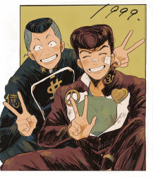  2boys anchor_ornament anchor_symbol bandaid bandaid_on_cheek bandaid_on_face bandaid_on_nose black_hair brown_hair closed_eyes commentary_request constricted_pupils diamond_wa_kudakenai dollar_sign dot_pupils double_v earrings green_background grey_hair grin heart higashikata_josuke highres jewelry jojo_no_kimyou_na_bouken long_sleeves looking_at_viewer male_focus multicolored_hair multiple_boys nijimura_okuyasu outside_border peace_symbol pikara pompadour scar scar_on_face sitting smile stud_earrings undercut v w 