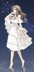  1girl absurdres antenna_hair arm_at_side asamitsu_(n_morninglight) barefoot brown_hair clip_studio_paint_(medium) closed_mouth commentary curly_sidelocks curtained_hair dress english_commentary expressionless feet forehead frilled_dress frills from_side full_body hand_in_own_hair hand_up highres layered_dress long_hair looking_at_viewer original profile reflective_floor sidelocks sideways_glance single_bare_shoulder single_off_shoulder solo star_(sky) starry_sky_background tiptoes toenails toes violet_eyes walking wavy_hair white_dress 