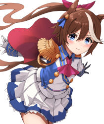  1girl absurdres animal_ears ascot asymmetrical_gloves black_gloves blue_eyes blush breasts brown_hair buttons cape closed_mouth commentary_request double-breasted epaulettes gloves hair_between_eyes highres horse_ears horse_girl horse_tail jacket long_hair long_sleeves looking_at_viewer mismatched_gloves misonikomi multicolored_hair multicolored_jacket pink_ascot ponytail red_cape simple_background single_epaulette single_hair_streak skirt small_breasts smile solo streaked_hair tail tokai_teio_(peak_joy)_(umamusume) tokai_teio_(umamusume) two-tone_hair two-tone_jacket two-tone_skirt umamusume white_background white_gloves white_hair white_jacket white_skirt white_streaks 