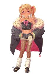 :3 andro_gs bare_shoulders blonde_hair blush chest_bow flat_chest gyaru hair_ornament hands_on_own_hips heart heart_hair_ornament heartsync highres leg_warmers loli medium_hair midriff mole mole_under_mouth multicolored_hair navel pantyhose pink_hair siena_olena star_pendant tan twintails two-tone_hair violet_eyes virtual_youtuber