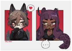  ... 2girls animal_ears black_gloves black_shirt blush brown_eyes chibi formal_clothes glasses gloves heart highres katriel_(project_moon) library_of_ruina multiple_girls ny_000a oc_x_canon original out_of_frame project_moon shirt spoken_heart tail twitter_username wiggling 