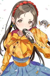  :o absurdres belt blunt_ends blush bow brown_hair buttons chibi collar collared_shirt confetti denim denim_skirt determined earrings flying_sweatdrops furrowed_brow gakuen_idolmaster hairband highres hiwatari_kanae holding holding_lightstick holding_microphone hoop_earrings idolmaster jewelry juliet_sleeves kuramoto_china large_bow lightstick long_sleeves maid_headdress microphone official_alternate_costume official_alternate_hairstyle orange_belt orange_bow orange_shirt parted_bangs plaid_clothes plaid_shirt puffy_sleeves red_collar red_hairband shirt simple_background skirt skirt_pocket straight_hair sweatdrop sweater teeth uouokuma upper_teeth_only white_background 