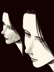  2girls black_background black_hair greyscale head_only highres long_hair looking_at_viewer looking_to_the_side monochrome multiple_girls original tp_p_pt 