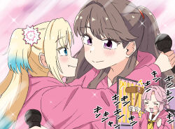  3girls =_= anyoji_hime blonde_hair bloom_garden_party_jacket blue_eyes blue_hair brown_hair canon_event closed_eyes crying eye_contact fang fang_out flower fujishima_megumi gradient_hair hair_flower hair_intakes hair_ornament highres himejoshi holding holding_mallet holding_microphone hood hood_down hooded_jacket instrument_request jacket kanzaki_gou long_hair long_sleeves looking_at_another love_live! love_live!_hasu_no_sora_jogakuin_school_idol_club love_live!_hasu_no_sora_jogakuin_school_idol_club_bloom_garden_party mallet microphone mira-cra_park! multicolored_hair multiple_girls osawa_rurino pink_background pink_flower skin_fang sound_effects sparkle tears twintails two_side_up v-shaped_eyebrows violet_eyes virtual_youtuber yuri 