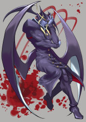  1boy blonde_hair blood blood_splatter blue_skin claws coat colored_skin darkstalkers demon_wings fingernails full_body grey_background hat highres jedah_dohma long_coat male_focus minokichi_(arufooto25) muscular purple_skin red_eyes school_uniform solo wings 