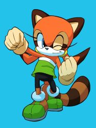  1girl animal_ears animal_nose blue_background blue_eyes brown_fur clenched_hands full_body furry furry_female gloves green_shirt highres jewelry kolsanart leggings looking_at_viewer low_twintails marine_the_raccoon one_eye_closed raccoon_ears raccoon_girl raccoon_tail shirt shoes simple_background smile solo sonic_(series) standing strapless strapless_shirt tail tube_top twintails white_gloves 