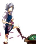  blue_eyes braid card inmir izayoi_sakuya knife looking_at_viewer pocky pool_table short_hair simple_background solo touhou white_background 