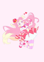  1girl 35kawaiiprpr absurdres boots butterfly_earrings crown cure_wonderful dress earrings full_body heart heart_hands highres inukai_komugi jewelry long_hair magical_girl mini_crown multicolored_hair pantyhose petticoat pink_background pink_dress pink_hair pleated_dress precure simple_background smile solo striped_clothes striped_pantyhose two-tone_hair two_side_up very_long_hair wonderful_precure! wrist_cuffs 