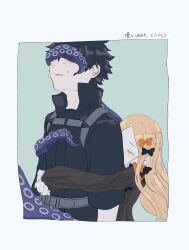  1boy 1girl abigail_williams_(fate) abigail_williams_(first_ascension)_(fate) absurdres arms_at_sides black_hair blonde_hair border bow commentary_request covering_another's_eyes facing_up fate/grand_order fate_(series) fujimaru_ritsuka_(female) fujimaru_ritsuka_(male) fujimaru_ritsuka_(male)_(polar_chaldea_uniform) hair_bow high_collar highres hug long_hair long_sleeves lycaste0008 short_hair short_sleeves sleeves_past_fingers sleeves_past_wrists sweat tentacles upper_body 