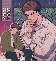  1boy break_my_case brown_eyes brown_hair commentary_request dated grid_background highres kiri_futoshi looking_at_viewer male_focus multiple_views parted_lips shinkai_soyogu shirt short_hair sitting undercut white_shirt 