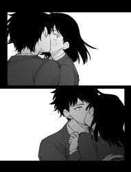  1boy 1girl blush couple futsuu_no_keion-bu greyscale hatono_chihiro hetero highres kiss looking_at_viewer medium_hair mizuo_haruichi monochrome multiple_views nonoura0012 school_uniform short_hair slit_pupils sweatdrop 