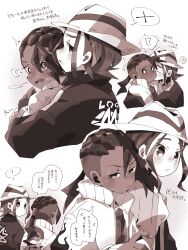  !? 1boy 1girl ? blush brown_eyes commentary_request dark-skinned_male dark_skin dreadlocks harmony_(pokemon) hat heart hetero highres hug hug_from_behind interracial jacket kiss long_hair low_ponytail maru_(hachi_47923) monochrome multiple_views naveen_(pokemon) pokemon pokemon_legends:_z-a ponytail pout spoken_heart spoken_interrobang spoken_question_mark spoken_x striped_hat translated trilby undercut upper_body 