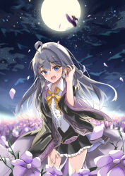  1girl absurdres bare_shoulders black_hat black_robe black_skirt blue_eyes bow braid center_frills collared_shirt commentary_request elaina_(majo_no_tabitabi) flower frilled_skirt frills full_moon gurin_(cakx8782) hair_between_eyes hair_bow hat highres long_hair long_sleeves looking_at_viewer majo_no_tabitabi moon neck_ribbon open_clothes open_mouth open_robe outdoors petals pink_bow pink_ribbon pleated_skirt purple_flower purple_petals ribbon robe shirt side_braid sign single_braid single_off_shoulder skirt sleeveless sleeveless_shirt solo white_hair white_shirt witch witch_hat yellow_ribbon 