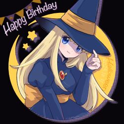  1girl absurdres back_bow birthday black_dress black_hat blonde_hair blue_eyes bow brooch closed_mouth commentary_request crescent_moon dated dress halloween hand_on_headwear hand_up happy_birthday hat highres jewelry juliet_sleeves long_hair long_sleeves looking_at_viewer madou_monogatari moon nkmt829 orange_bow orange_sash pennant puffy_sleeves puyopuyo sleeves_past_wrists smile solo star_(symbol) string_of_flags upper_body witch_(puyopuyo) witch_hat 