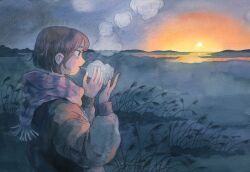  1girl blue_sky breath brown_hair cold commentary complementary_colors english_commentary from_side glowing grey_eyes hands_up heavy_breathing heikala highres horizon jacket long_sleeves morning mountainous_horizon open_mouth orange_sky original outdoors painting_(medium) purple_scarf reeds scarf scenery short_hair sky solo sunrise traditional_media upper_body water watercolor_(medium) winter_clothes 