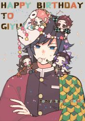  2girls 3boys black_hair black_jacket blue_eyes brown_hair buttons chibi commentary_request crossed_arms demon_slayer_uniform english_text fox_mask gold_buttons haori happy_birthday high_collar highres jacket japanese_clothes kamado_nezuko kamado_tanjirou kikkoumon kimetsu_no_yaiba kochou_shinobu long_hair looking_at_viewer low_ponytail mask multiple_boys multiple_girls orange_hair ponytail print_haori purple_hair red_haori sabito_(kimetsu) sitting spiky_hair sweatdrop tomioka_giyuu upper_body xi_yuu 