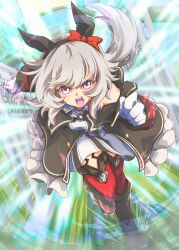  1girl animal_ears bare_shoulders black_boots black_hairband boots bow breasts coat commentary_request curren_chan_(fille_eclair)_(umamusume) curren_chan_(umamusume) dress ear_bow ear_covers gloves grey_hair hairband highres horse_ears horse_girl horse_tail long_sleeves looking_at_viewer medium_breasts off-shoulder_coat off-shoulder_dress off-shoulder_jacket off_shoulder open_mouth red_bow red_thighhighs running short_hair solo starting_gate striped_clothes striped_dress tail teeth thigh-highs umamusume upper_teeth_only vertical-striped_clothes vertical-striped_dress violet_eyes white_gloves zukki_(bijitaru) 