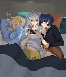  3girls belle_(zenless_zone_zero) black_shirt blonde_hair blue_hair blue_shirt brown_shorts cellphone company_connection genshin_impact grey_hair grey_shirt highres holding holding_phone honkai:_star_rail honkai_(series) lumine_(genshin_impact) lying mihoyo multiple_girls on_back on_bed on_side phone pillow seijousai shirt shorts sleeping smartphone stelle_(honkai:_star_rail) trailblazer_(honkai:_star_rail) zenless_zone_zero zzz 