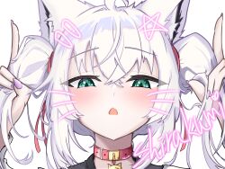  1girl absurdres animal_collar animal_ears aqua_eyes bell blush character_name collar commentary_request drawn_whiskers fang fox_ears fox_girl hair_ribbon highres holding_own_hair hololive jingle_bell looking_at_viewer neck_bell portrait purple_nails ribbon shirakami_fubuki short_twintails simple_background siw_(siw_0208) skin_fang solo twintails virtual_youtuber white_background white_hair 